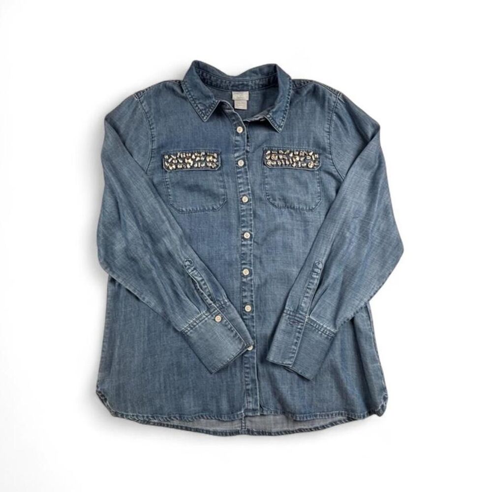 Chico’s Embellished Denim Chambray Button Up Shirt Women’s Size 1 S M